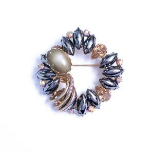 Vintage Juliana Rhinestone Brooch Hematite Cabochons, Champagne Moonglow Glass