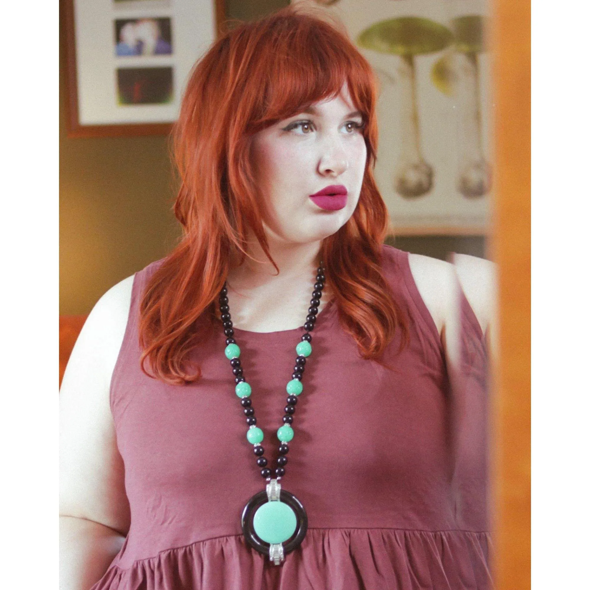Vintage Kenneth Jay Lane Art Deco Revival Black Bead, Faux Jade, and Diamante Pendant Necklace