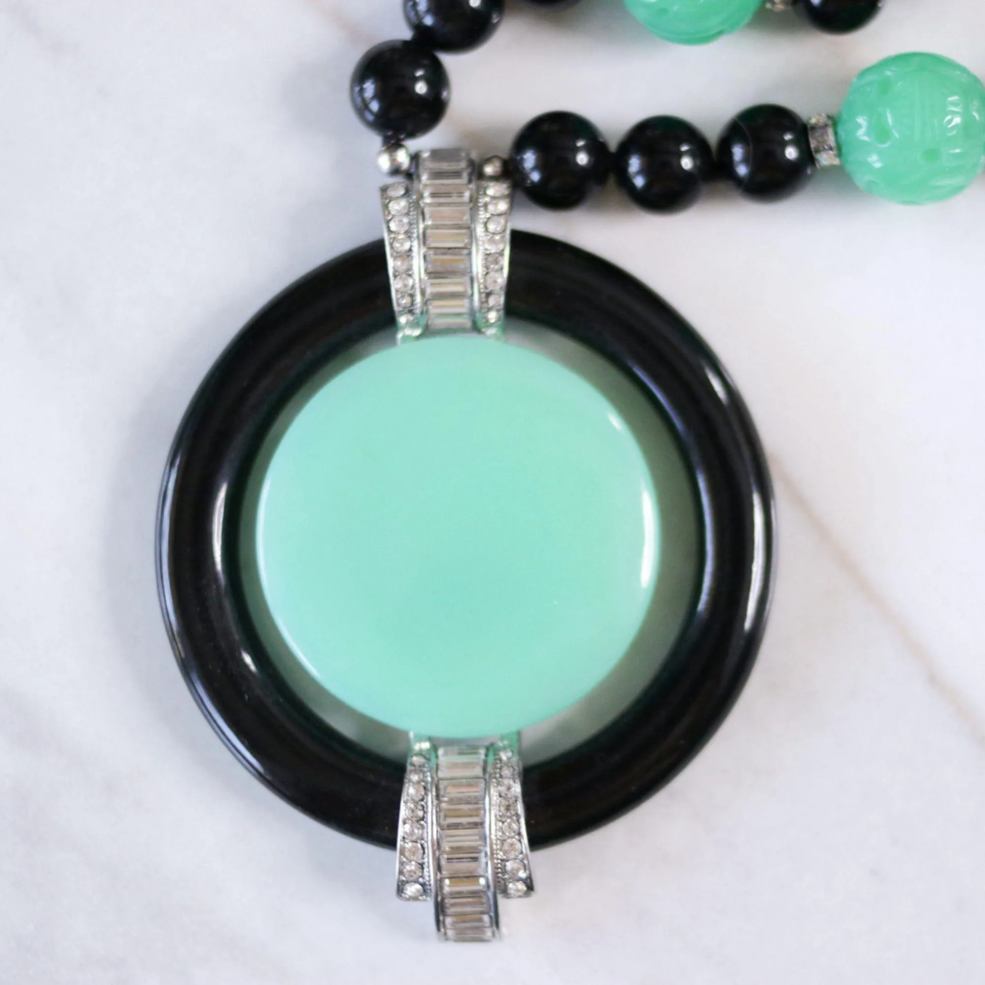 Vintage Kenneth Jay Lane Art Deco Revival Black Bead, Faux Jade, and Diamante Pendant Necklace