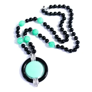 Vintage Kenneth Jay Lane Art Deco Revival Black Bead, Faux Jade, and Diamante Pendant Necklace