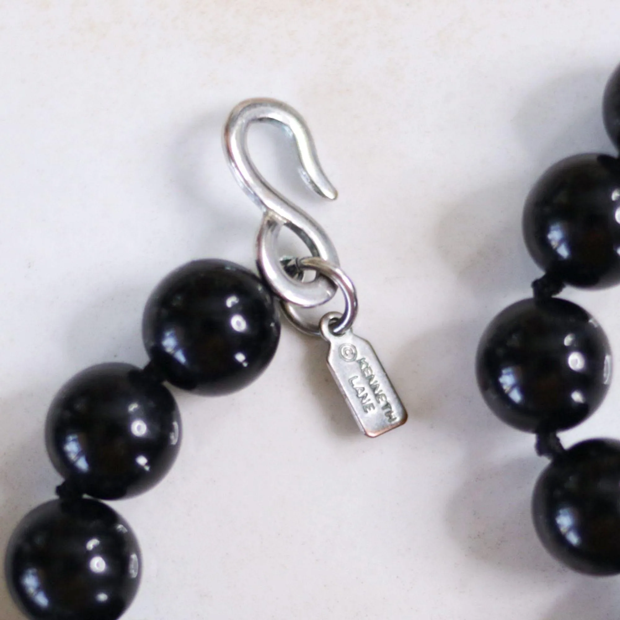Vintage Kenneth Jay Lane Art Deco Revival Black Bead, Faux Jade, and Diamante Pendant Necklace