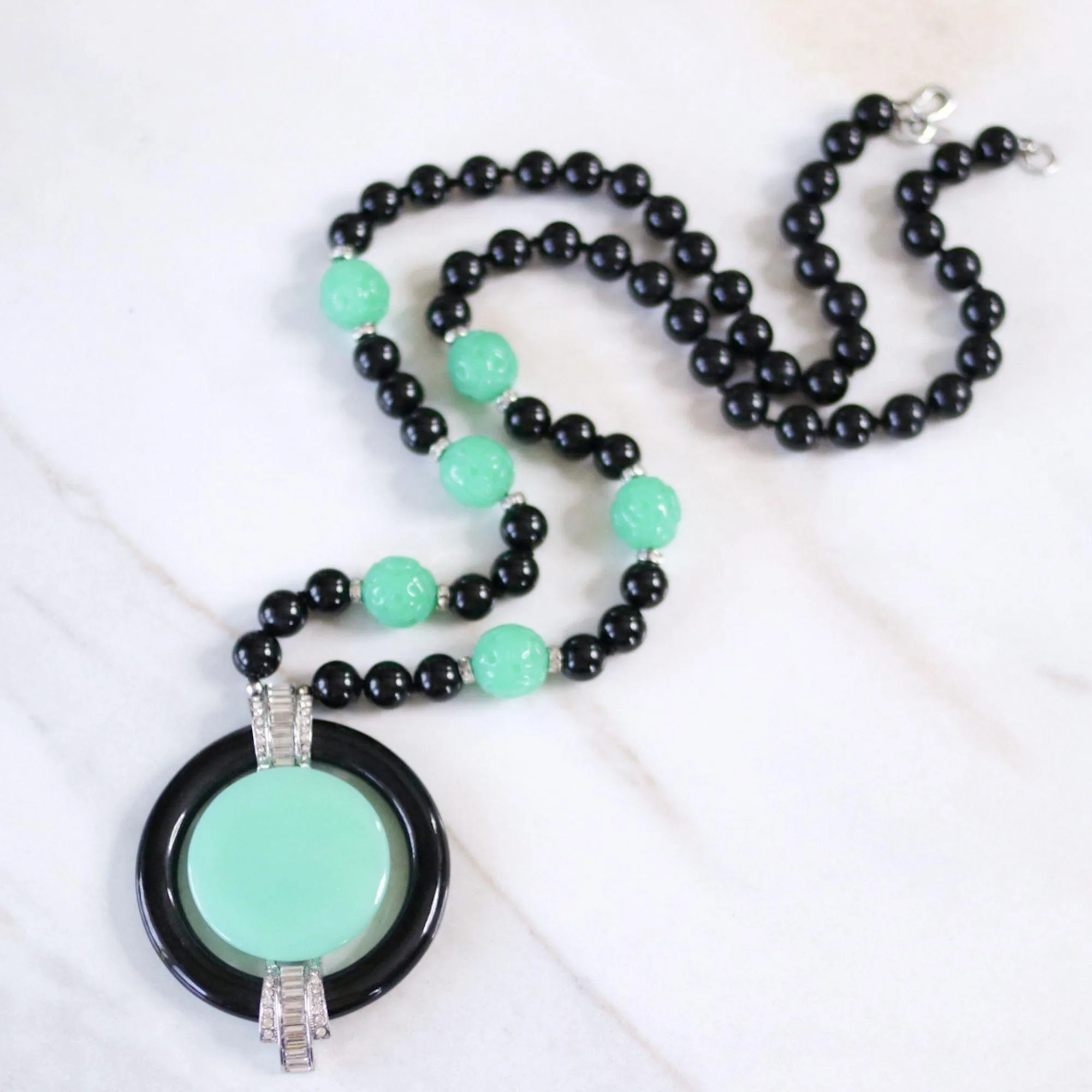 Vintage Kenneth Jay Lane Art Deco Revival Black Bead, Faux Jade, and Diamante Pendant Necklace