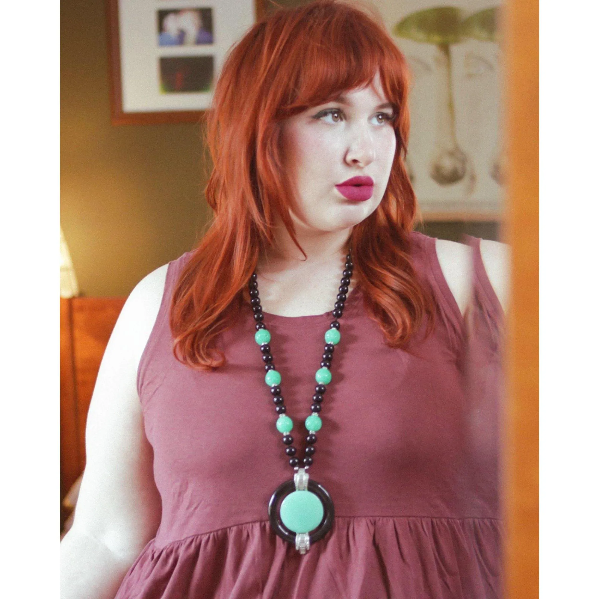 Vintage Kenneth Jay Lane Art Deco Revival Black Bead, Faux Jade, and Diamante Pendant Necklace