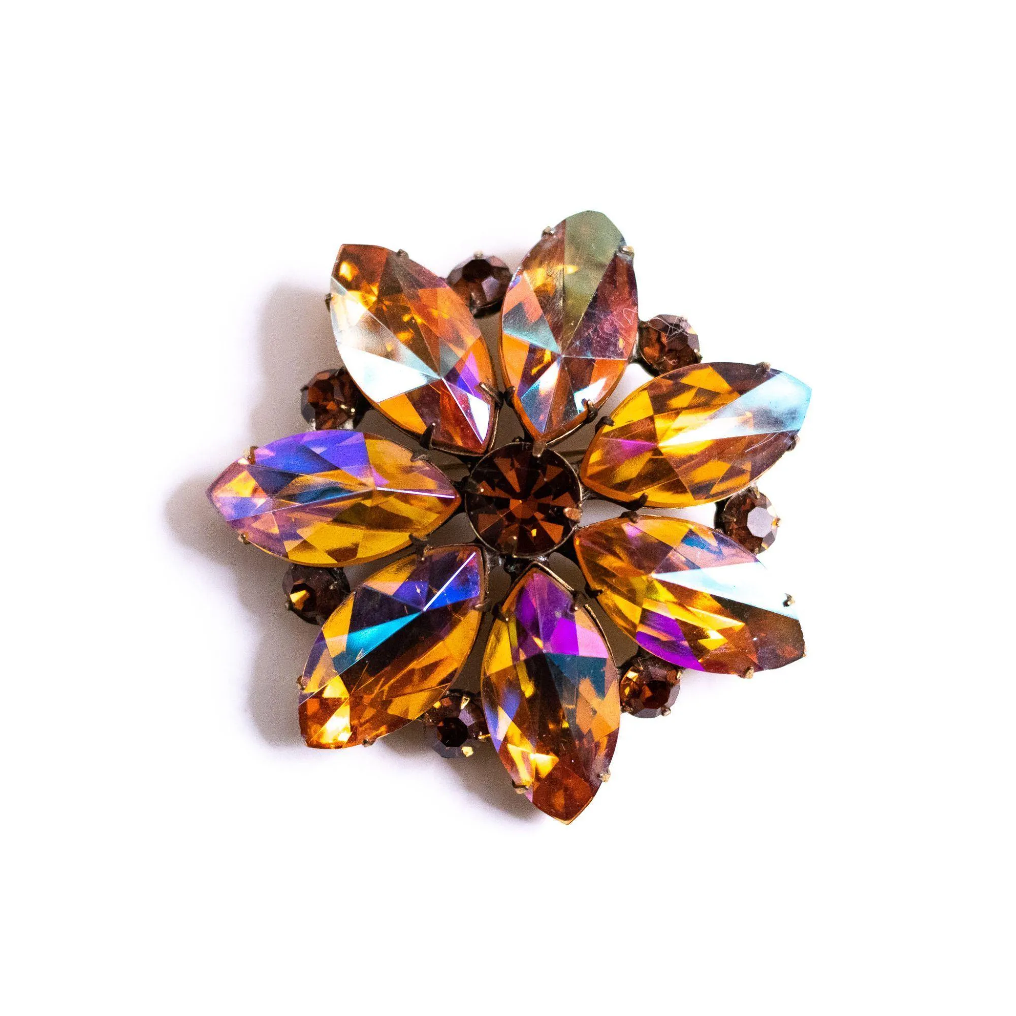 Vintage Large Amber Citrine Aurora Borealis Rhinestone Brooch
