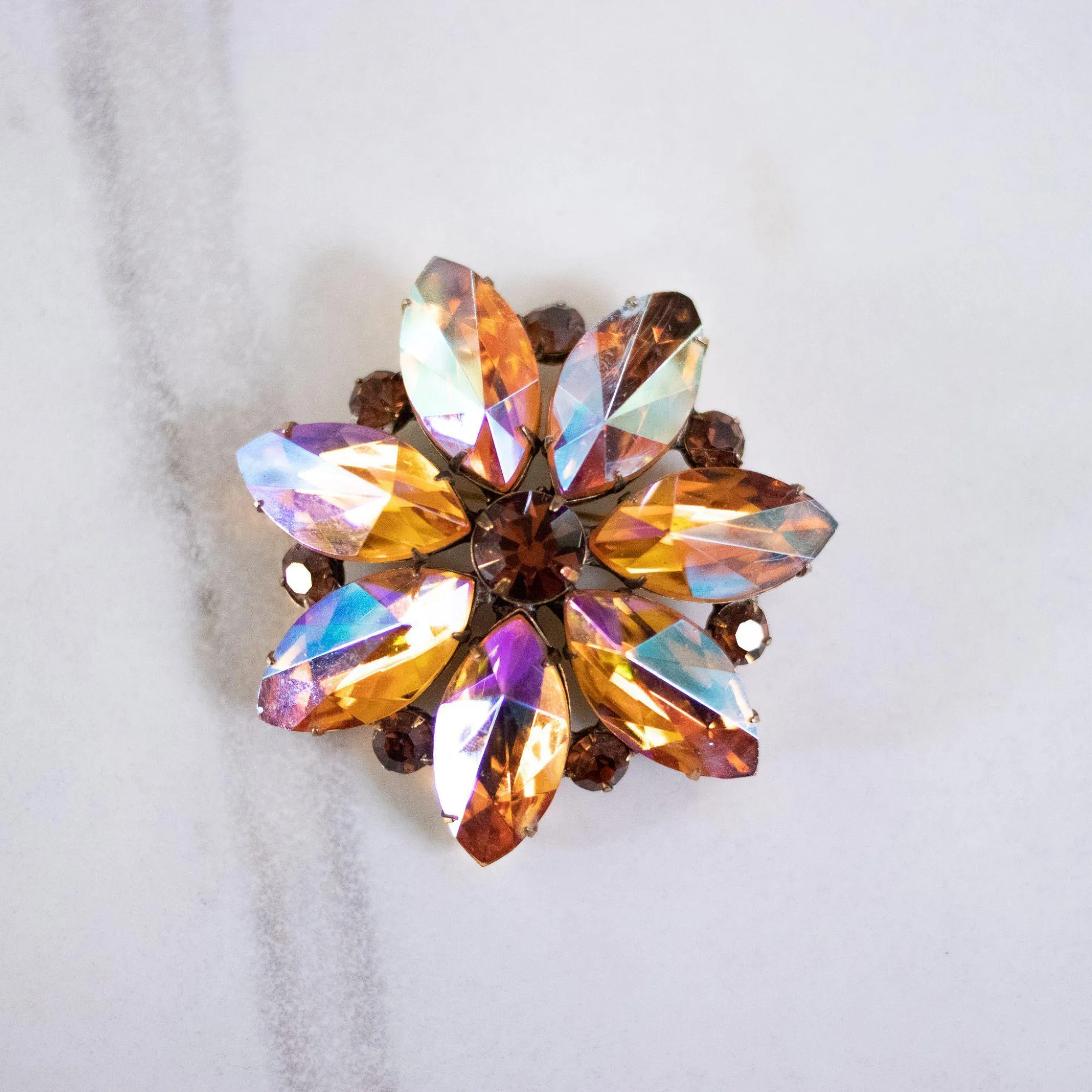 Vintage Large Amber Citrine Aurora Borealis Rhinestone Brooch