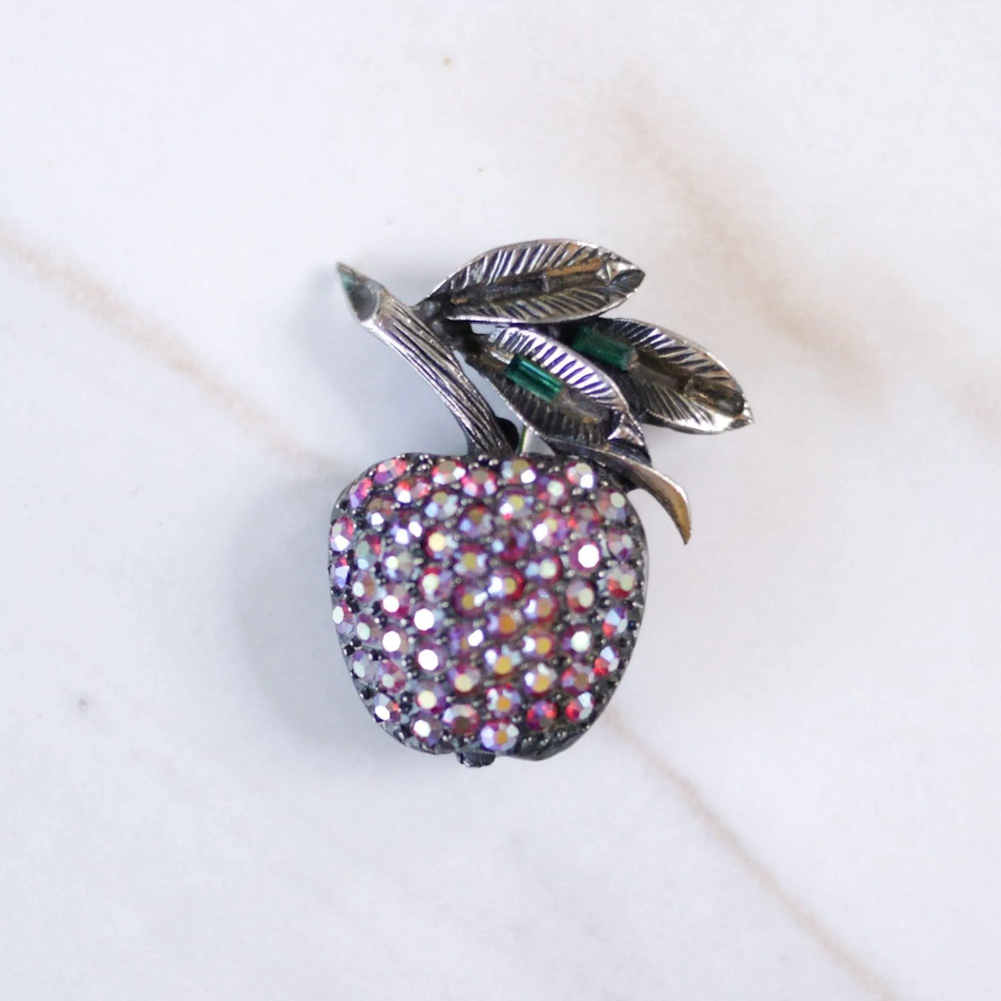 Vintage Pell Red Aurora Borealis Rhinestone Apple Brooch