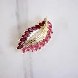 Vintage Pink and Red Rhinestone Leaf Brooch