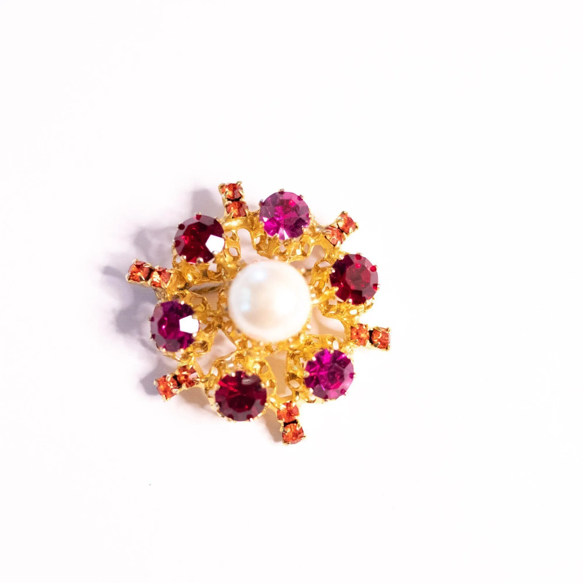 Vintage Pink, Red Rhinestone, Faux Pearl Brooch Made in Austria