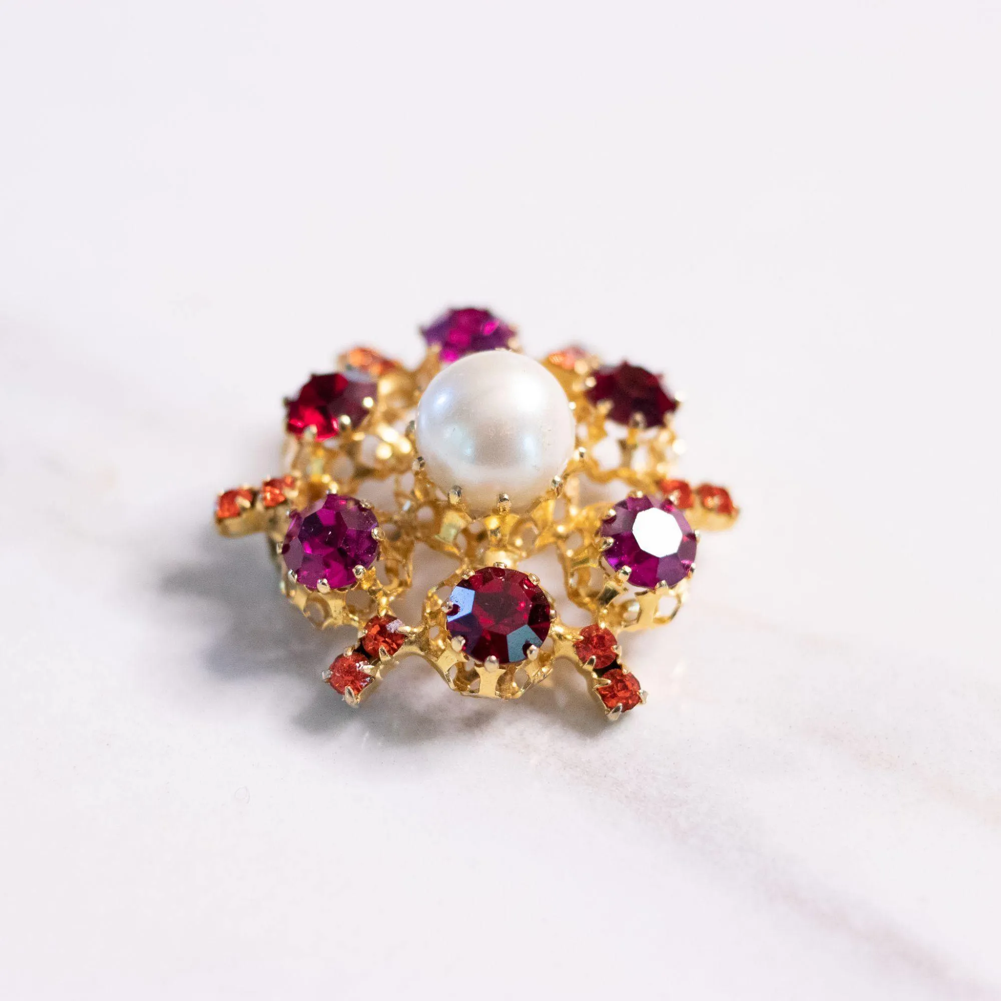 Vintage Pink, Red Rhinestone, Faux Pearl Brooch Made in Austria
