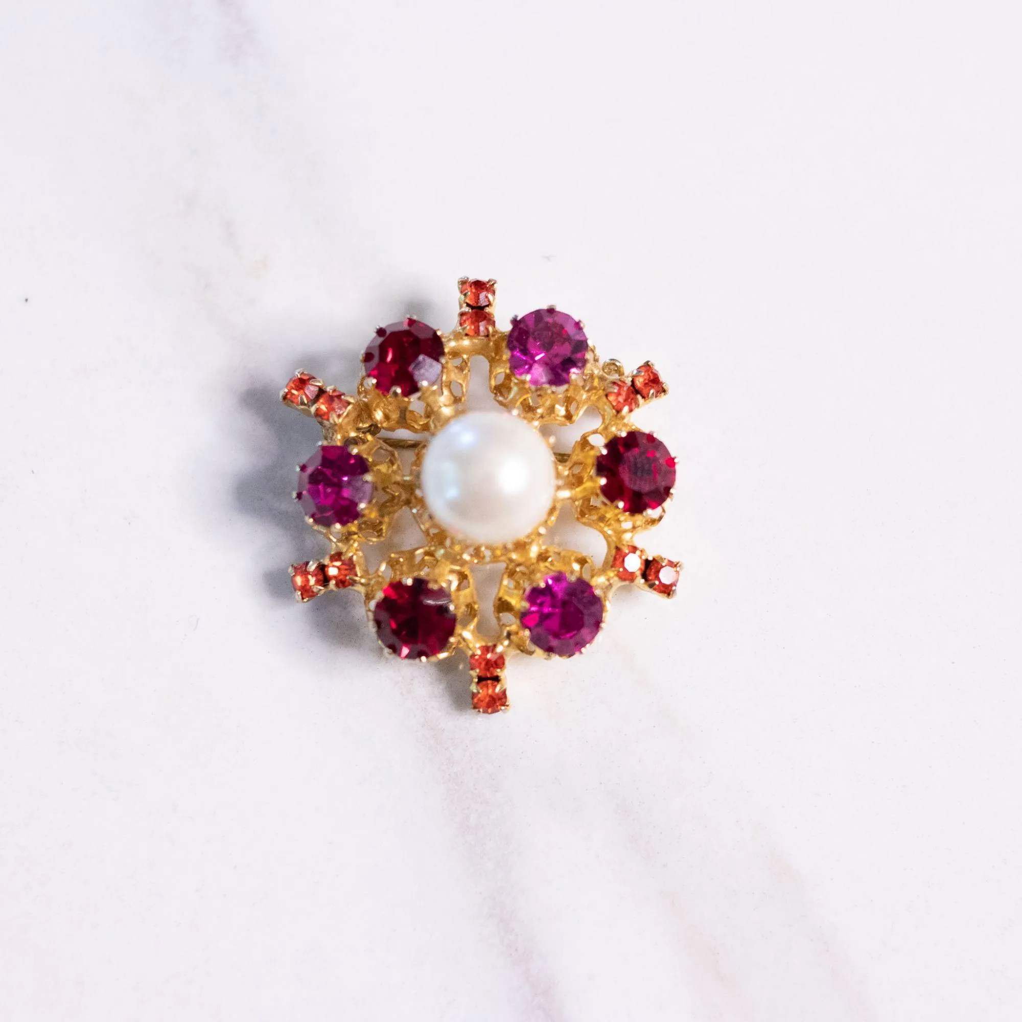 Vintage Pink, Red Rhinestone, Faux Pearl Brooch Made in Austria