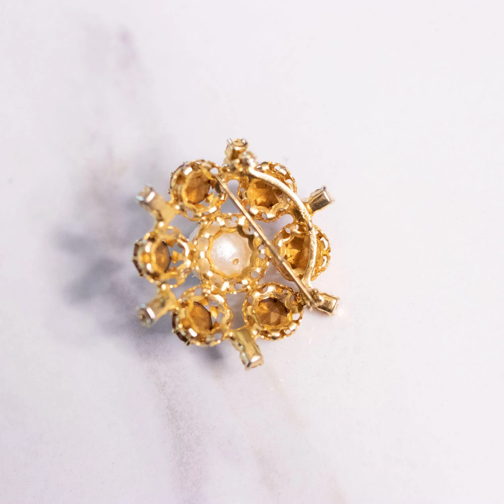 Vintage Pink, Red Rhinestone, Faux Pearl Brooch Made in Austria