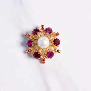 Vintage Pink, Red Rhinestone, Faux Pearl Brooch Made in Austria