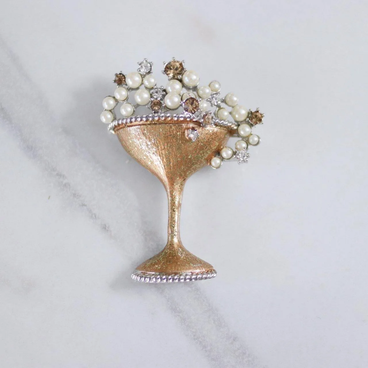 Vintage RJ Graziano Champagne Coupe with Rhinestones and Pearls Brooch