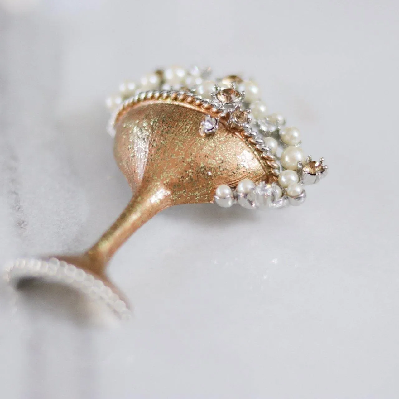 Vintage RJ Graziano Champagne Coupe with Rhinestones and Pearls Brooch