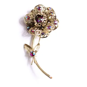 Vintage Sarah Coventry Gold Flower Brooch with Red Aurora Borealis Rhinestones