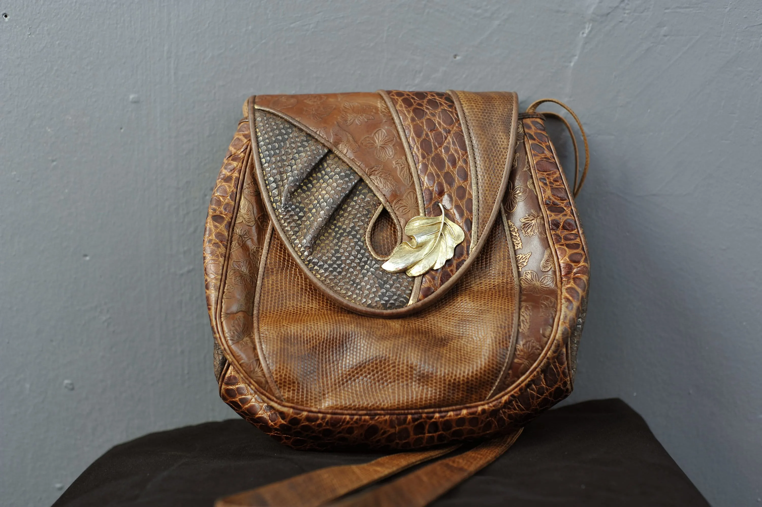 Vintage Sharif Leather Shoulder Bag, 80s Boho Designer Embossed Handbag