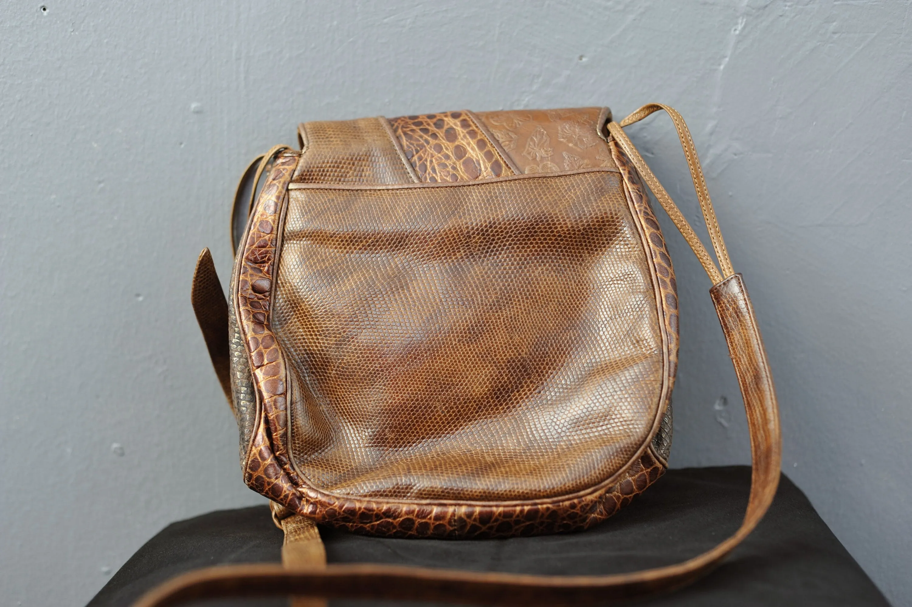 Vintage Sharif Leather Shoulder Bag, 80s Boho Designer Embossed Handbag