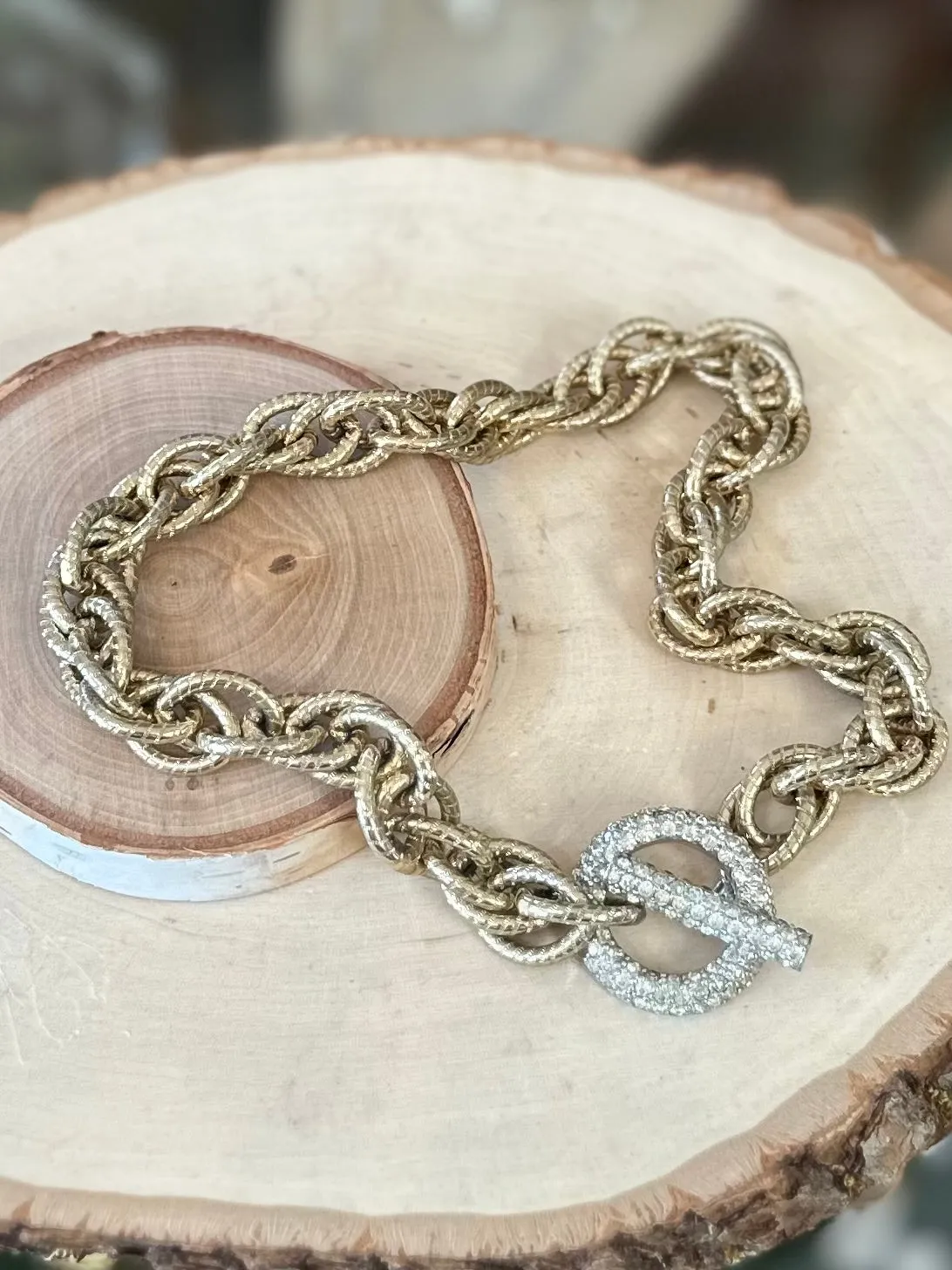 Vintage Signed JOMAZ Two Tone Chunky Rhinestone Toggle Clasp Choker Chain Link Necklace 15.25”