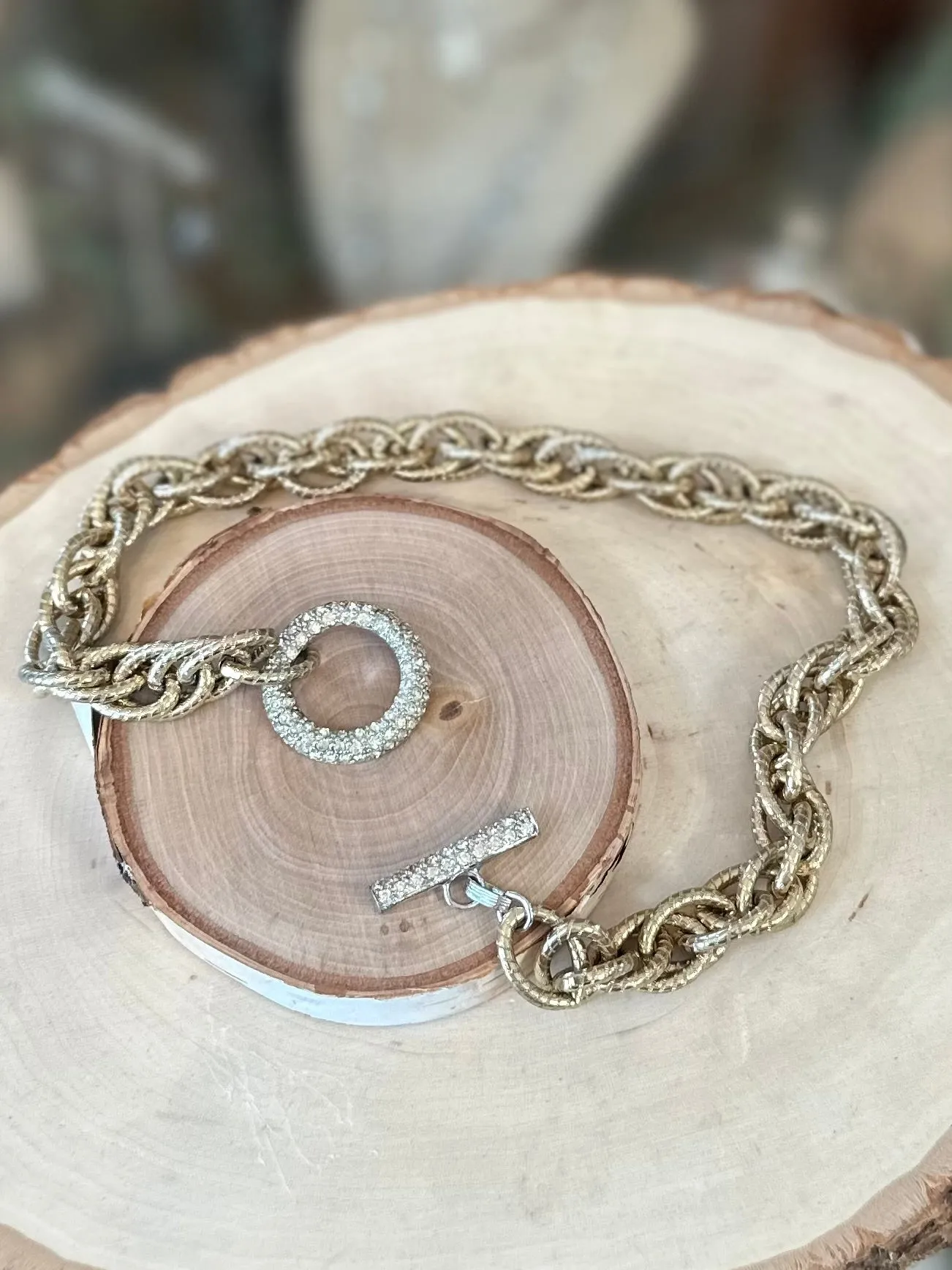 Vintage Signed JOMAZ Two Tone Chunky Rhinestone Toggle Clasp Choker Chain Link Necklace 15.25”