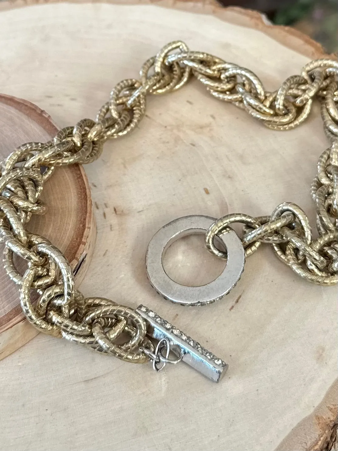 Vintage Signed JOMAZ Two Tone Chunky Rhinestone Toggle Clasp Choker Chain Link Necklace 15.25”