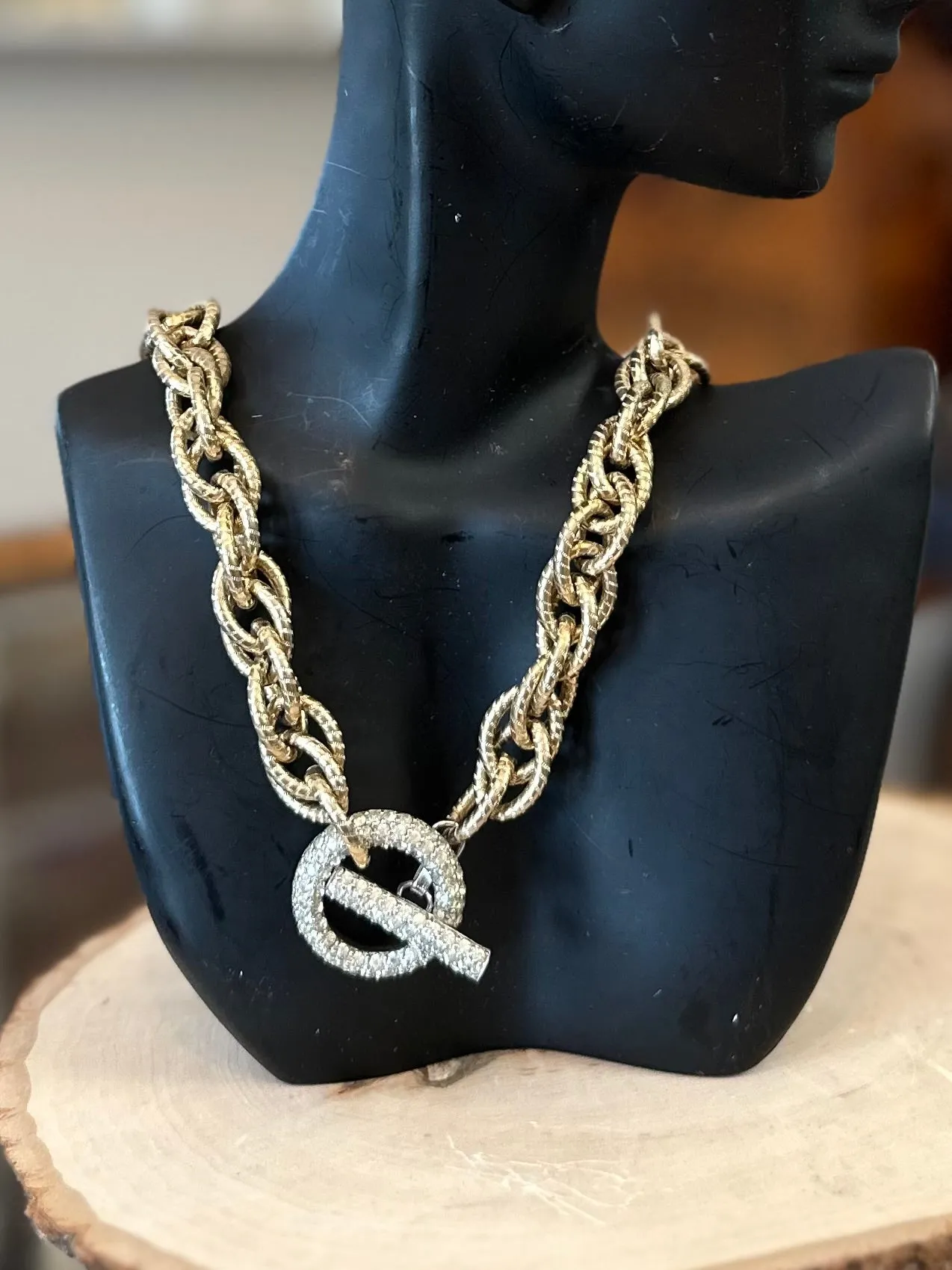 Vintage Signed JOMAZ Two Tone Chunky Rhinestone Toggle Clasp Choker Chain Link Necklace 15.25”
