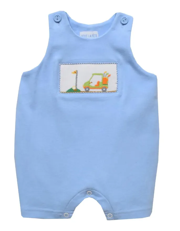 Vive La Fete Blue Knit Golf Cart Smocked Romper