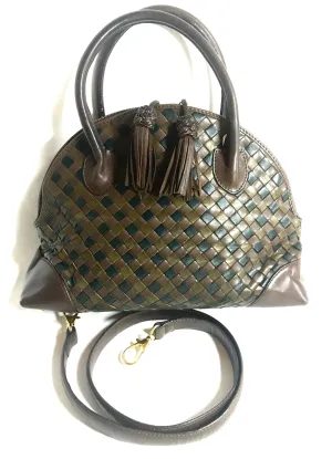 W4. Vintage Bottega Veneta brown, khaki, and black leather intrecciato bolide style handbag with tassel charms. Rare color purse. 050320r2