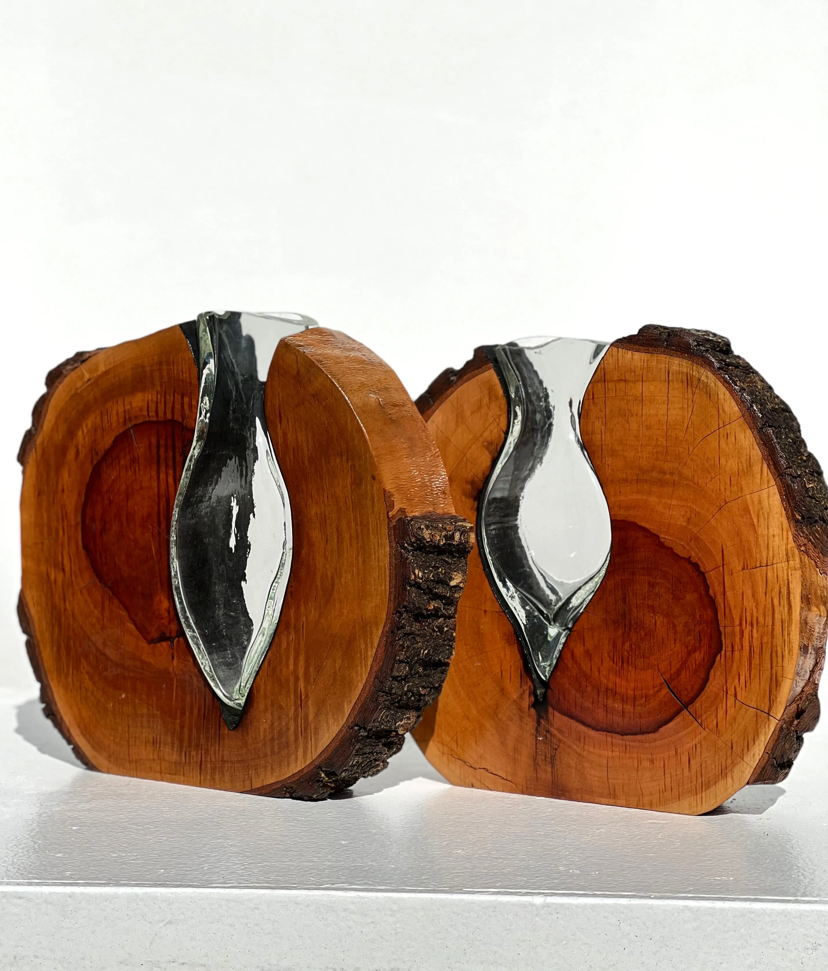 Walnut Round with Handblown Clear Glass Amphora