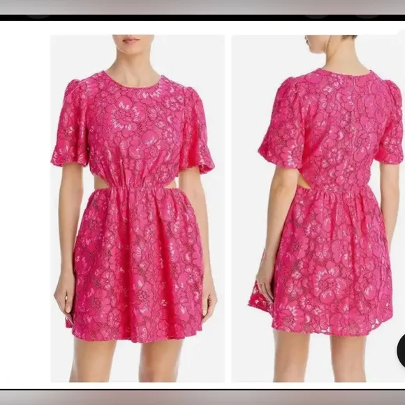 WAYF Plaza Lace Mini Dress Magenta Round Neck Zip Closure Short Sleeve NWT XL