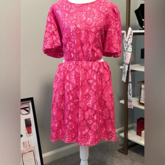WAYF Plaza Lace Mini Dress Magenta Round Neck Zip Closure Short Sleeve NWT XL
