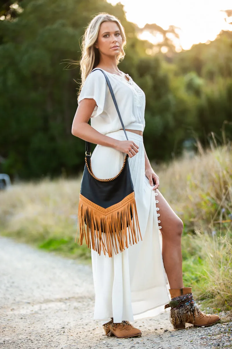 Western Leather Bags with Tassels - Tan and Black