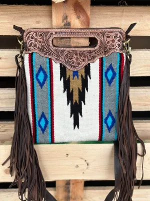 White Navajo Blanket Sling Bag with Tooled Leather (TSB04A)