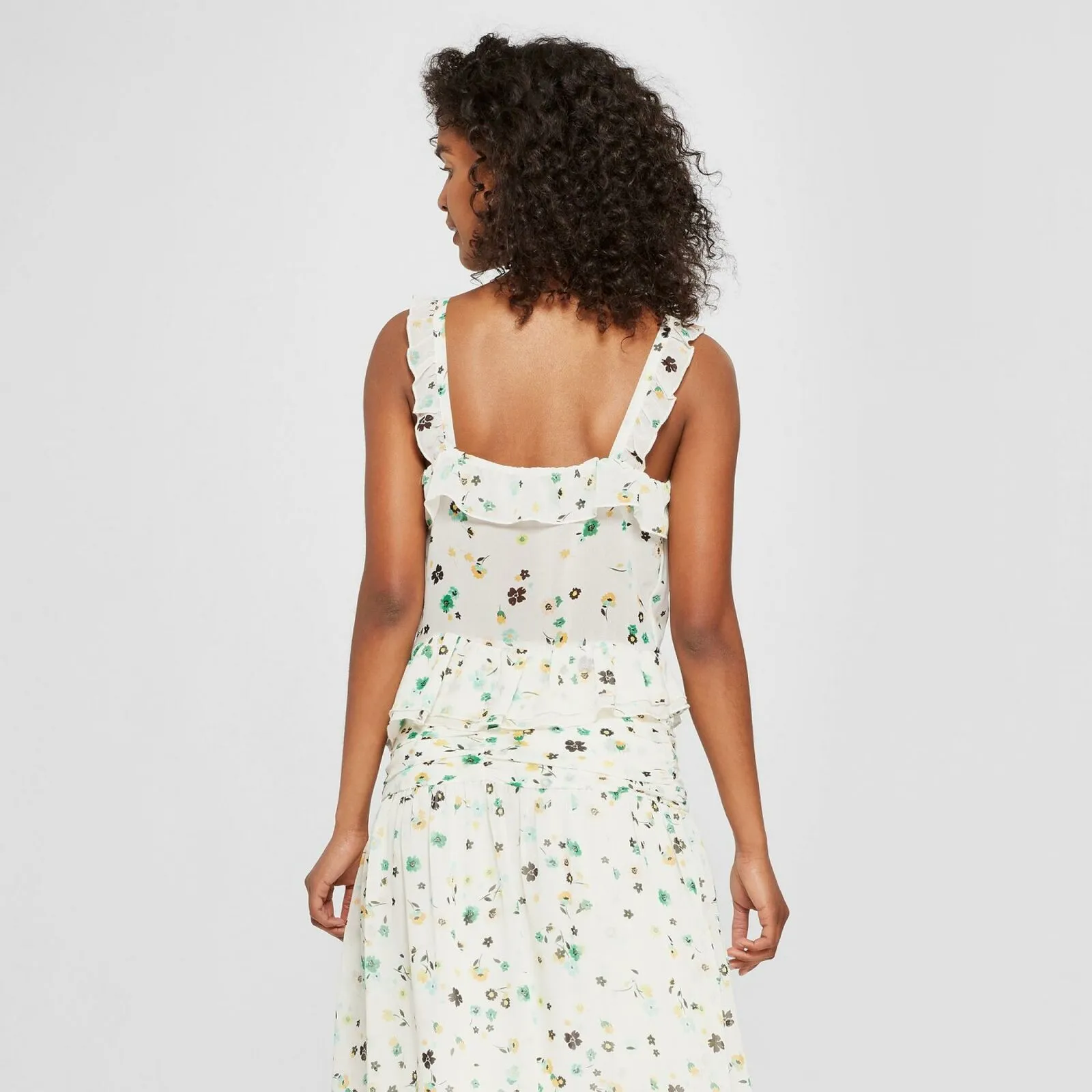 Who What Wear Women's Floral Print Ruffle Tank Top Pastel White Small