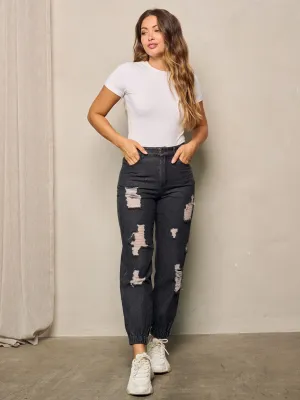 WOMEN'S BUTTON CLOSURE POCKETS DISTRESS SMOCK ANKLE DENIM JEANS