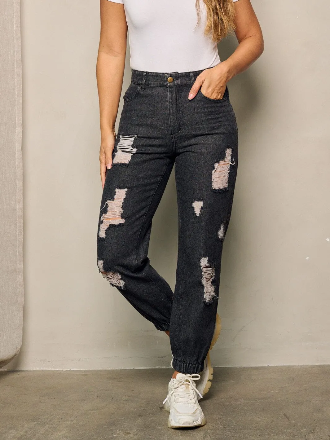 WOMEN'S BUTTON CLOSURE POCKETS DISTRESS SMOCK ANKLE DENIM JEANS