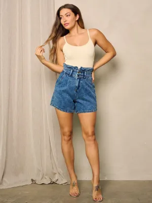 WOMEN'S ELASTIC WAIST BUTTON CLOSURE DENIM SHORTS