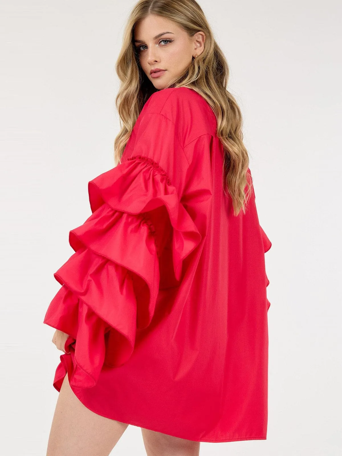 WOMEN'S LONG RUFFLE SLEEVE BUTTON UP TUNIC MINI DRESS