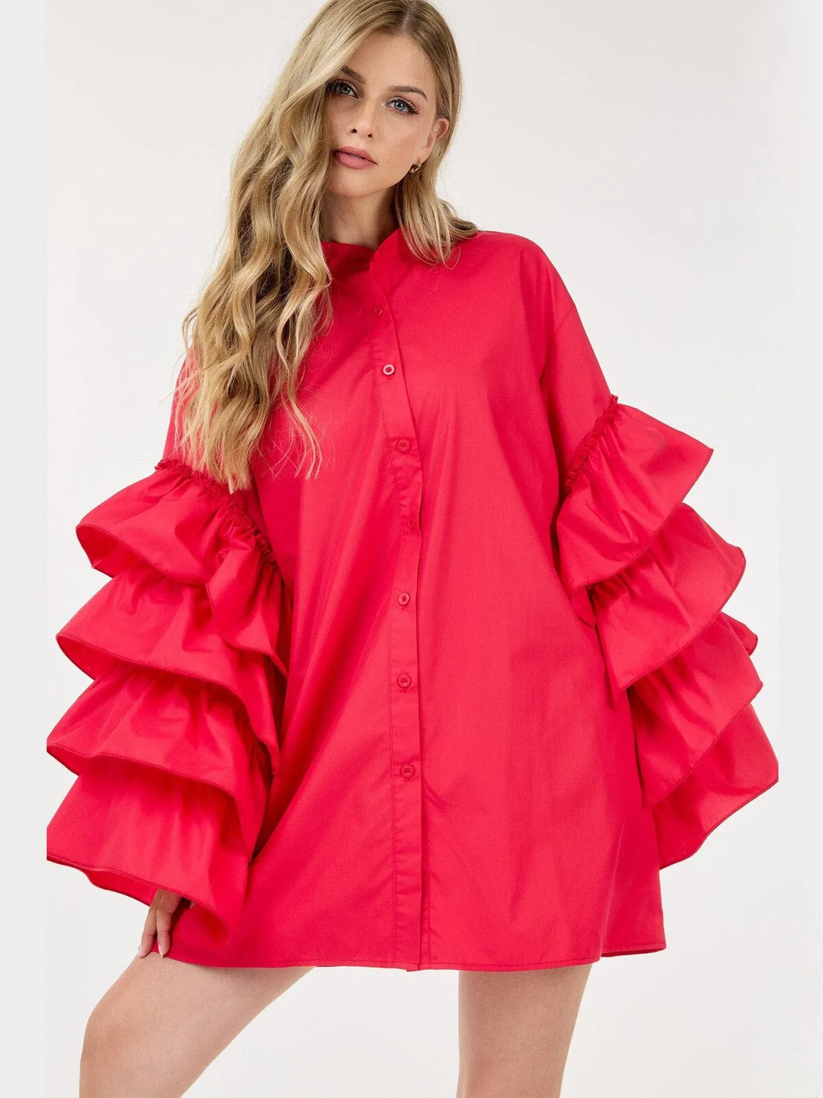 WOMEN'S LONG RUFFLE SLEEVE BUTTON UP TUNIC MINI DRESS