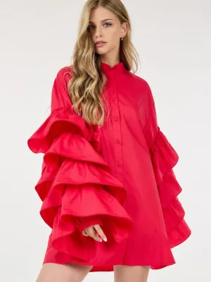 WOMEN'S LONG RUFFLE SLEEVE BUTTON UP TUNIC MINI DRESS