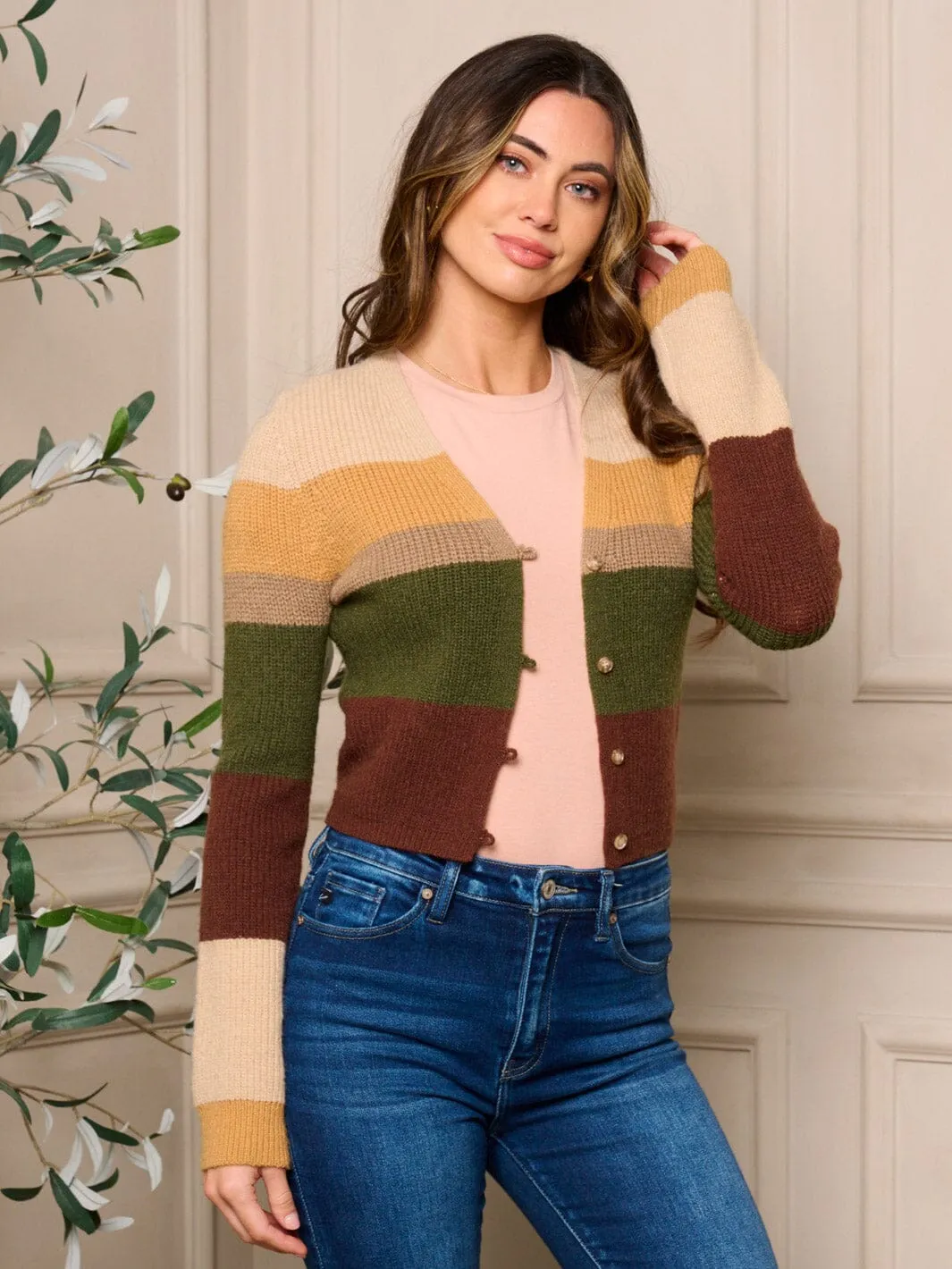 WOMENS LONG SLEEVE BUTTON CLOSURE COLORBLOCK SWEATER