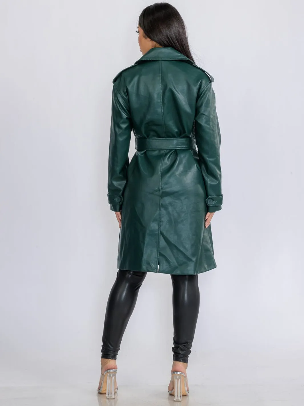 WOMEN'S LONG SLEEVE BUTTON CLOSURE PU PLEATHER SELF TIE COAT