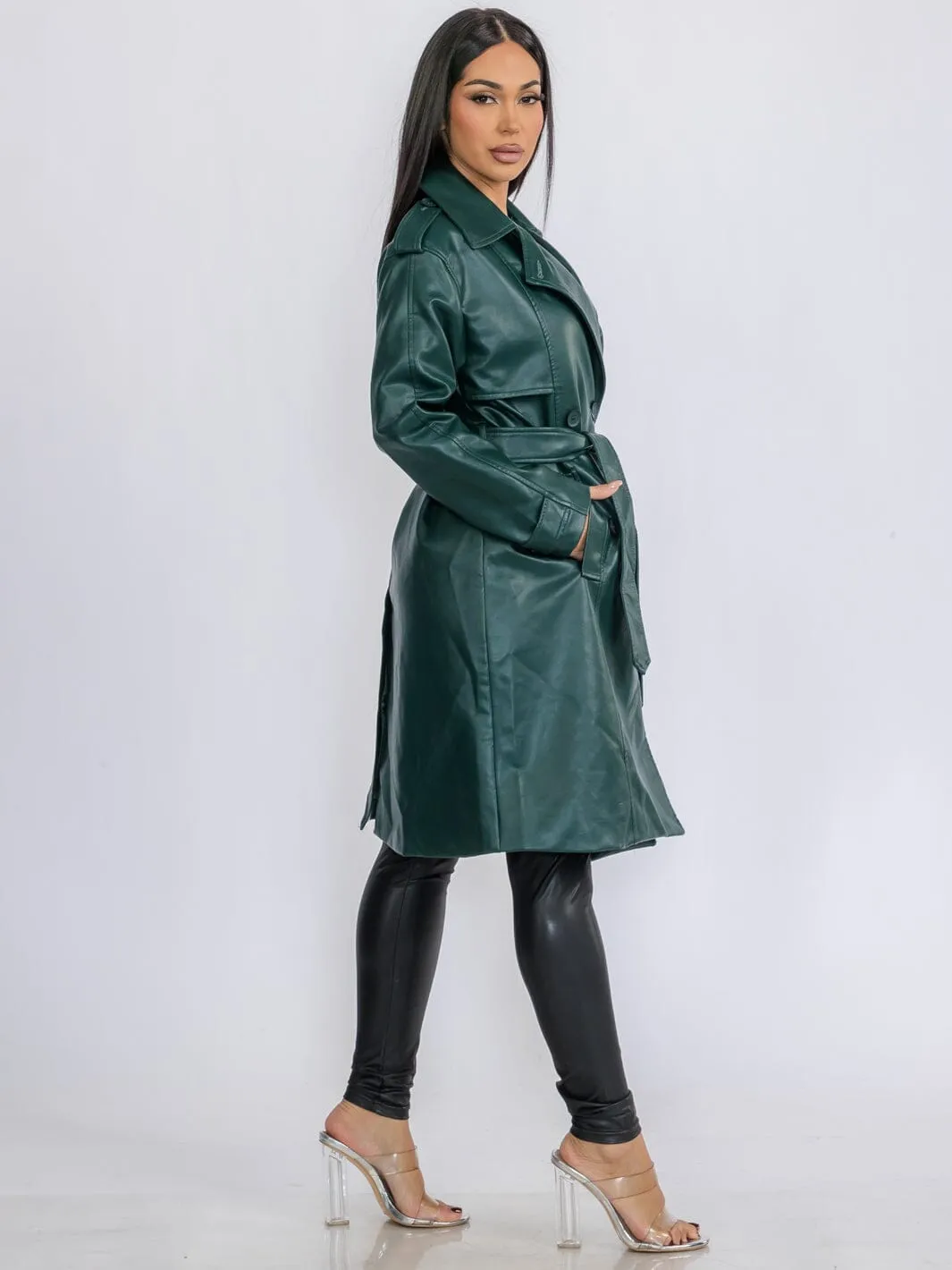 WOMEN'S LONG SLEEVE BUTTON CLOSURE PU PLEATHER SELF TIE COAT