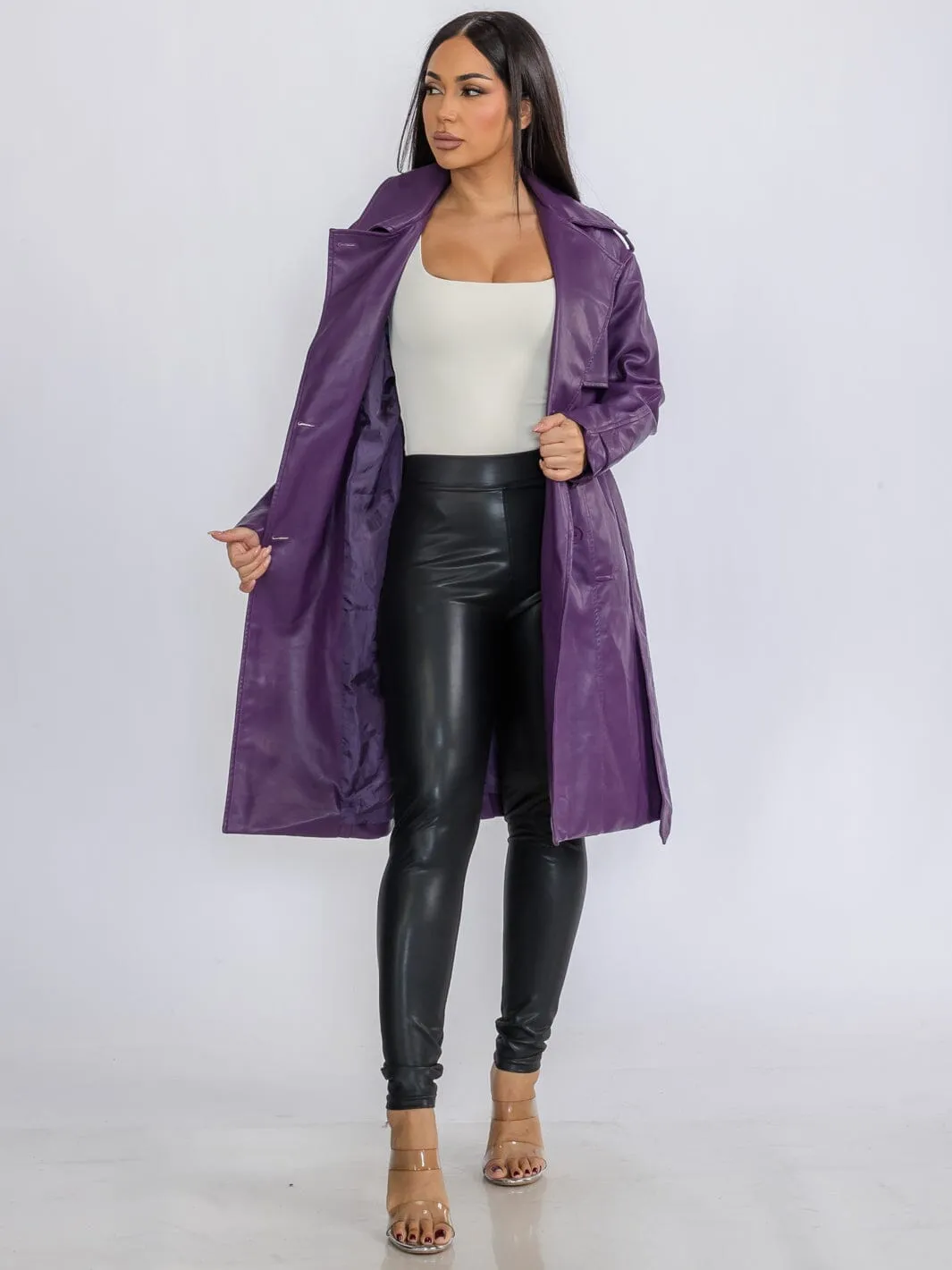 WOMEN'S LONG SLEEVE BUTTON CLOSURE PU PLEATHER SELF TIE COAT