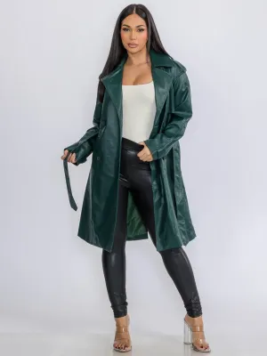 WOMEN'S LONG SLEEVE BUTTON CLOSURE PU PLEATHER SELF TIE COAT