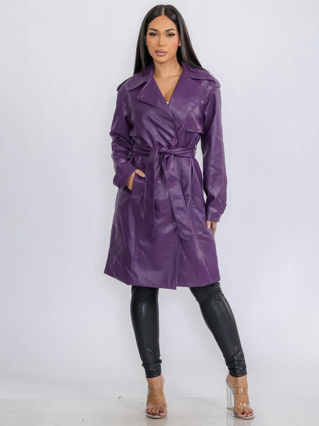 WOMEN'S LONG SLEEVE BUTTON CLOSURE PU PLEATHER SELF TIE COAT