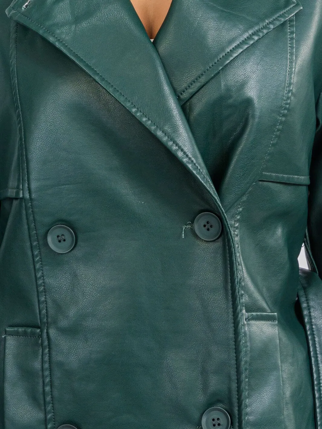 WOMEN'S LONG SLEEVE BUTTON CLOSURE PU PLEATHER SELF TIE COAT