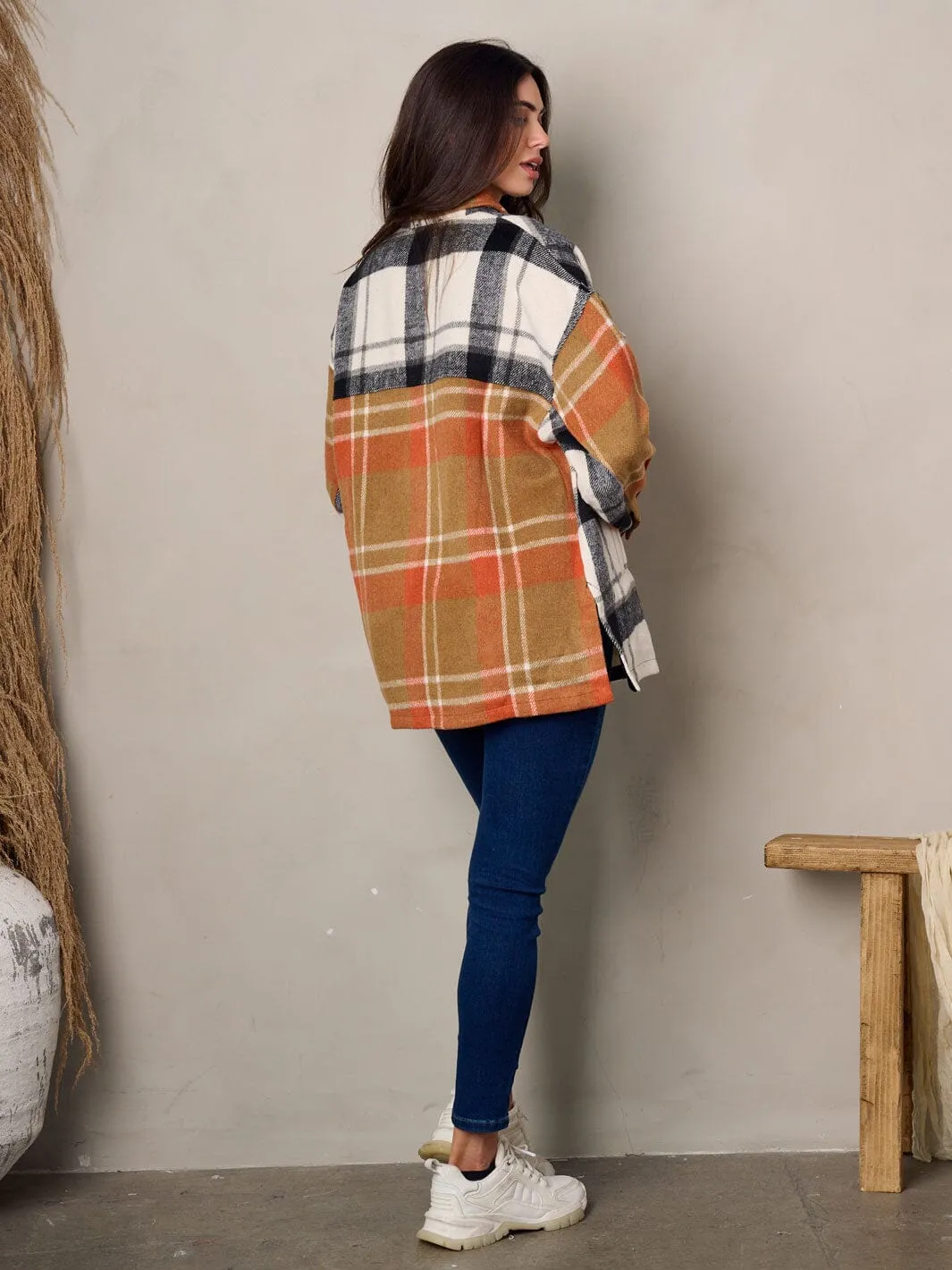 WOMEN'S LONG SLEEVE BUTTON UP COLORBLOCK PLAID JACKET