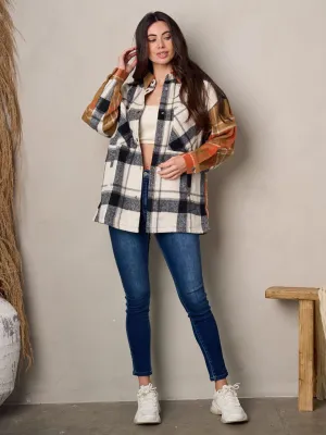 WOMEN'S LONG SLEEVE BUTTON UP COLORBLOCK PLAID JACKET