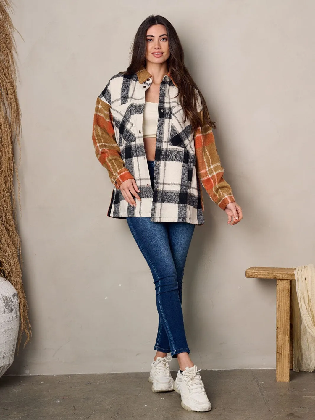 WOMEN'S LONG SLEEVE BUTTON UP COLORBLOCK PLAID JACKET