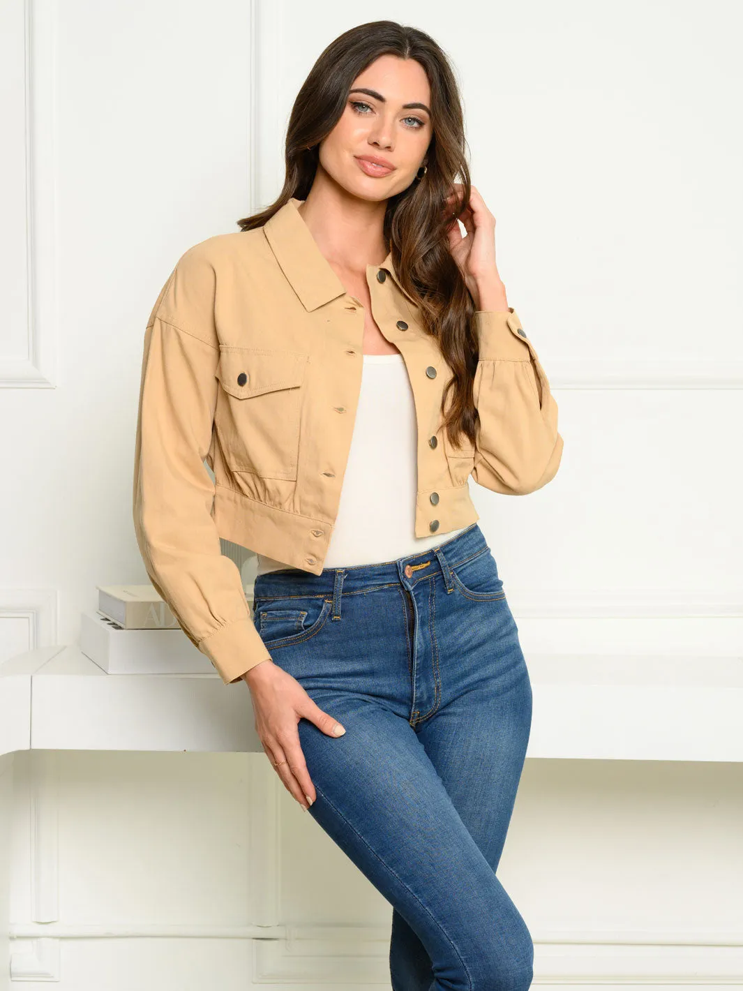 WOMEN'S LONG SLEEVE BUTTON UP CROP JACKET
